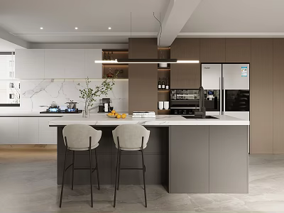 Modern Open Restaurant Kitchen Interior With Island Counter Bar Stools And Pendant Lights 3d model