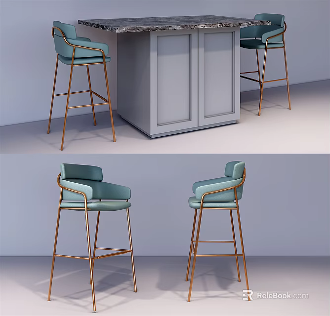 Modern Bar Counter With Light Blue Bar Stools And Gold Metal Frame 3d model 