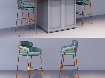 Modern Bar Counter With Light Blue Bar Stools And Gold Metal Frame 3d model