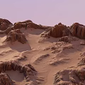 Majestic Desert Landscape With Rugged Rock Formations Sandy Terrain And Lavender Sky