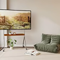 Modern TV Showing Scenic View with Wooden Trolley Green Bean Bag Chair and Potted Plant