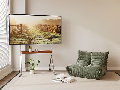 Modern TV Showing Scenic View with Wooden Trolley Green Bean Bag Chair and Potted Plant 3d model