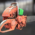 Vintage Red Chainsaw Body With Green Component And Black Cutting Chain
