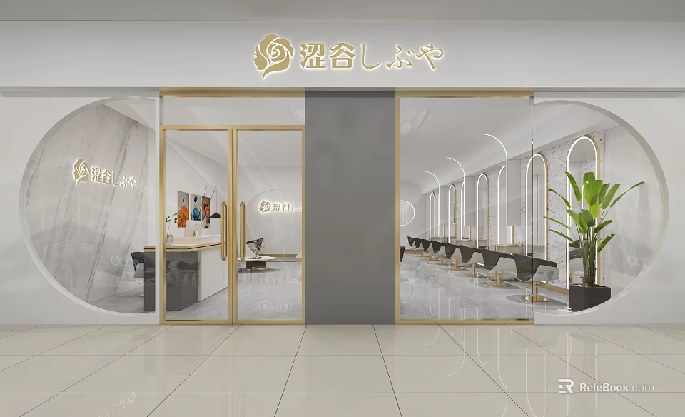 Modern Beauty Hair Salon Interior With Marble Accents Neat Styling Chairs And Green Plant 3d model 