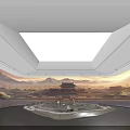 Elegant Interior Space With Circular Dining Table Skylight Chinese Landscape Mural And Ancient Architecture 3d model