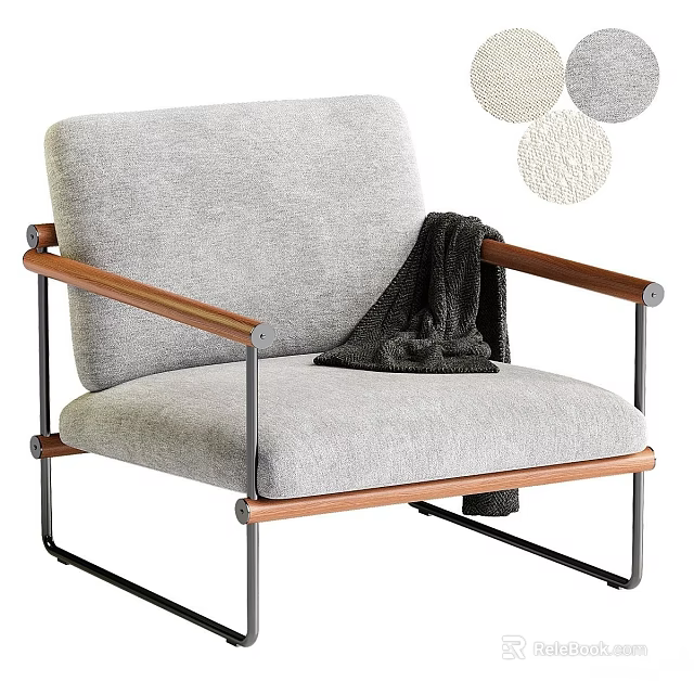 Gray Accent Chair with Wooden Armrests Metal Frame Draped Blanket and Decorative Circles in Background 3d model 