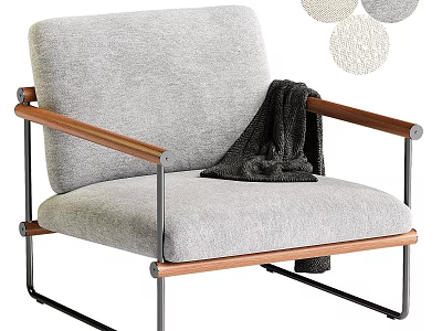 Gray Accent Chair with Wooden Armrests Metal Frame Draped Blanket and Decorative Circles in Background 3d model