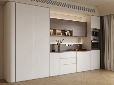 Modern Kitchen Sideboard With White Grey Cabinets Drawers Oven And Decorative Vase 3d model