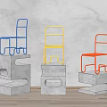 Colorful Metal Frame Leisure Chairs On Concrete Pedestals Against Grey Wall Wooden Floor