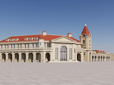 European Classical Architecture With Red Roof Clock Tower Arched Portico And White Exterior 3d model