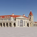 European Classical Architecture With Red Roof Clock Tower Arched Portico And White Exterior