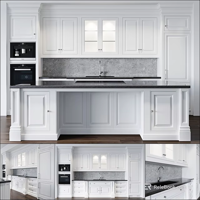 Modern White Kitchen Cabinets With Island Black Countertop Gray Backsplash And Appliances 3d model 