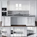 Modern White Kitchen Cabinets With Island Black Countertop Gray Backsplash And Appliances
