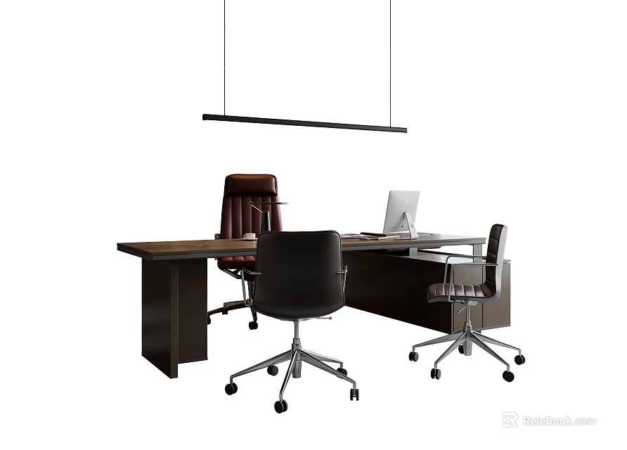 Modern Wooden Office Desk Setup With Three Chairs Laptop And Hanging Lamp 3d model 