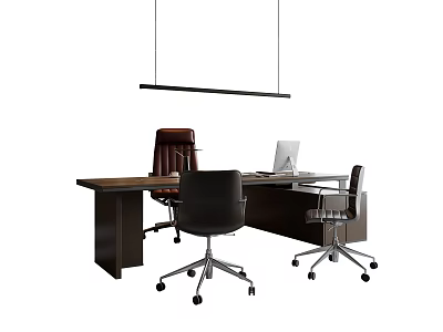 Modern Wooden Office Desk Setup With Three Chairs Laptop And Hanging Lamp 3d model