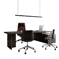 Modern Wooden Office Desk Setup With Three Chairs Laptop And Hanging Lamp