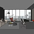 Modern Office Interior With Large Windows Sofa Area Desk Red Chairs And Bookshelves