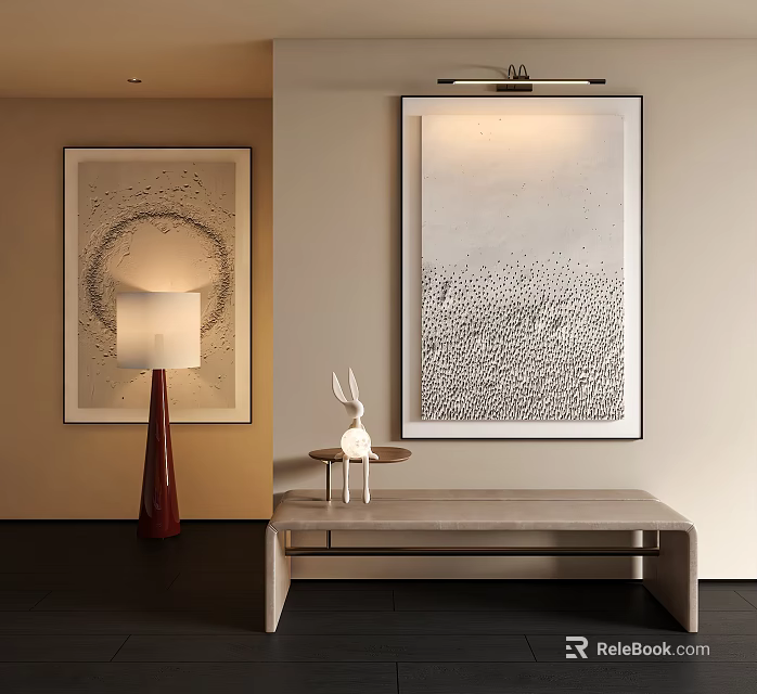 Abstract Wall Paintings With Circular Pattern Dotted Texture Floor Lamp Rabbit Decor And Bench 3d model