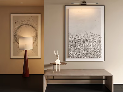 Abstract Wall Paintings With Circular Pattern Dotted Texture Floor Lamp Rabbit Decor And Bench 3d model