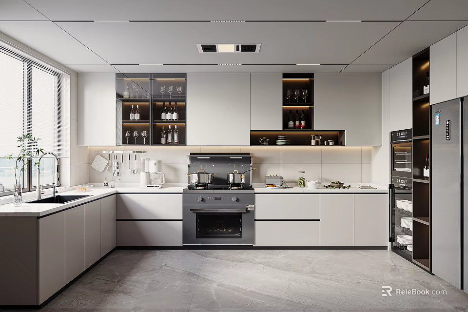 Modern Kitchen Interior With White Cabinets Glass Door Upper Cabinets Black Oven And Natural Light 3d model 
