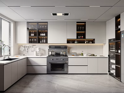 Modern Kitchen Interior With White Cabinets Glass Door Upper Cabinets Black Oven And Natural Light 3d model