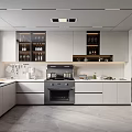 Modern Kitchen Interior With White Cabinets Glass Door Upper Cabinets Black Oven And Natural Light