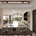 Modern Open Living Dining Room Interior With Marble Floor Chandelier Sofa Dining Table TV Wall