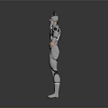 Man In Silver Futuristic Armor With Helmet And Blue Accent Standing On Dark Background