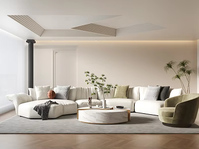 Modern White Sofa and Coffee Table Set with Green Chair Decorative Pillows and Plants 3d model