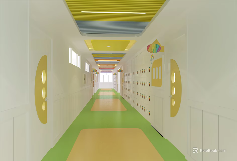 Elevator Corridor Featuring Colorful Ceiling Yellow Light Strips Green Yellow Floor And Lockers 3d model