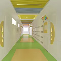 Elevator Corridor Featuring Colorful Ceiling Yellow Light Strips Green Yellow Floor And Lockers 3d model