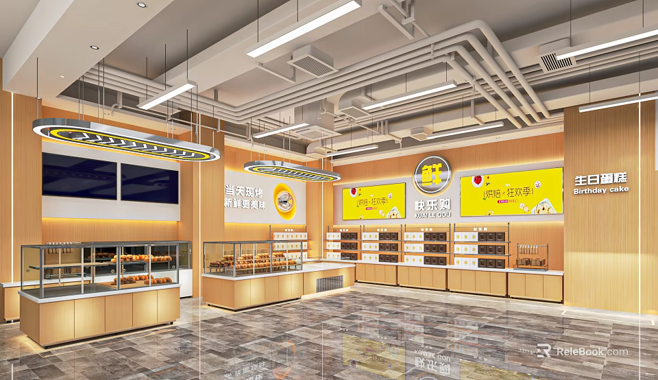 Bright Dessert Shop Interior With Hanging Lights Pastry Display Cases Wooden Cabinets And Menu Boards 3d model 