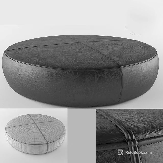 Round Black Leather Sofa Stool Featuring Textured Surface And Stitched Details 3d model