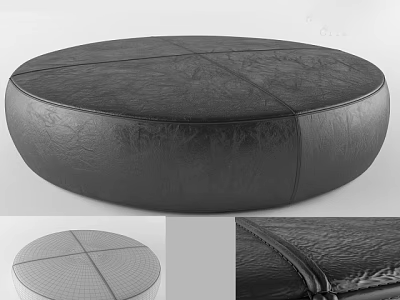 Round Black Leather Sofa Stool Featuring Textured Surface And Stitched Details 3d model