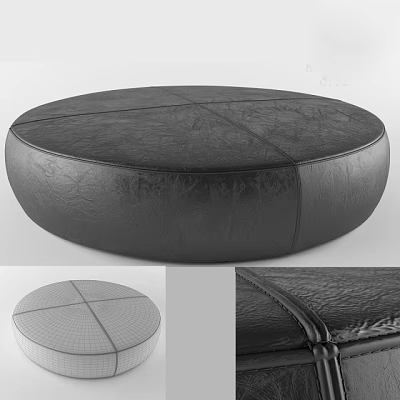 Round Black Leather Sofa Stool Featuring Textured Surface And Stitched Details 3d model