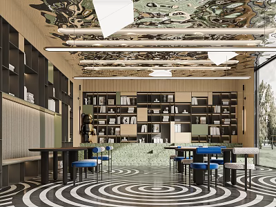 Book Art Themed Interior With Bookshelves Blue Chairs And Artistic Ceiling 3d model