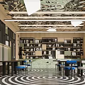 Book Art Themed Interior With Bookshelves Blue Chairs And Artistic Ceiling