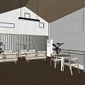 Cozy Leisure Area With Wooden Ceiling White Walls Sofa Coffee Table And Green Plants