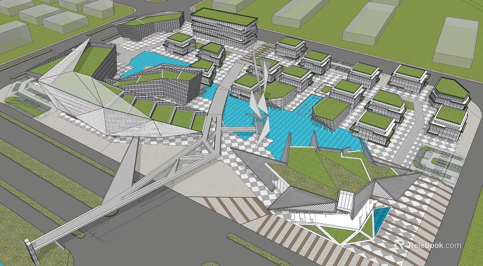 Modern Office Building Complex With Green Roofs Water Features And Geometric Architecture 3d model 