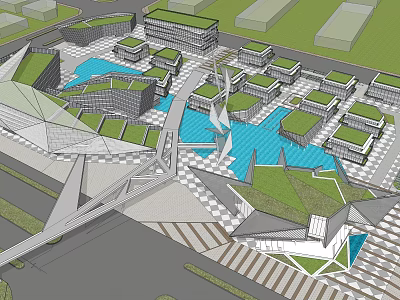Modern Office Building Complex With Green Roofs Water Features And Geometric Architecture 3d model