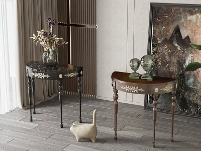 Elegant Side Tables With Carved Details And Decorative Vases In Living Room With Curtains Artwork 3d model