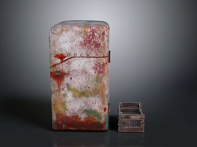 Vintage Retro Refrigerator With Distressed Paint And Small Wooden Crate 3d model