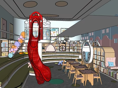 Colorful Kindergarten Interior With Red Slide Bookshelves Tables And Balloon Decorations 3d model