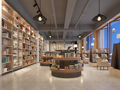 Book Art Focused Modern Bookstore Interior With Shelves Display Tables And Hanging Lights 3d model