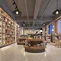 Book Art Focused Modern Bookstore Interior With Shelves Display Tables And Hanging Lights