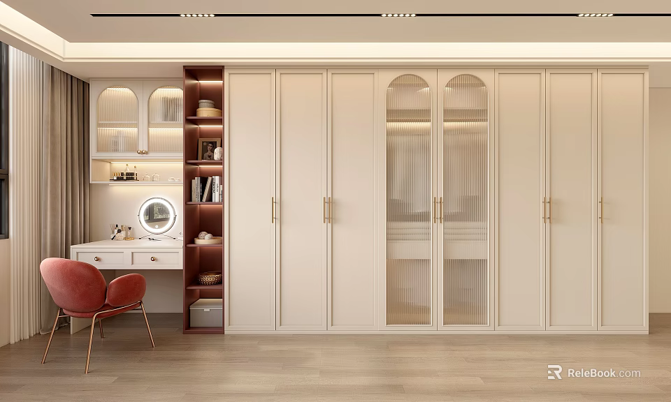 Elegant Modern Beige Wardrobe with Glass Doors Gold Handles Dressing Table and Bookshelf 3d model 