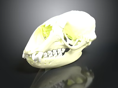 White Mammal Skull With Visible Teeth And Green Highlighted Internal Areas On Dark Reflective Background 3d model