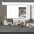 Modern Living Room With Beige Sofa Green Armchair Coffee Table Decorative Painting And Marble Rug
