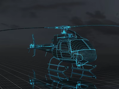 Blue Wireframe Helicopter Model on Dark Background With Grid Floor Reflection 3d model