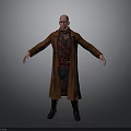3D Character Model With Bald Head Brown Long Coat Red Belt And Black Boots